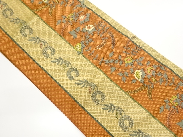JAPANESE NAGOYA OBI / CHIKUZEN HAKATA / WOVEN FLORAL PLANTS